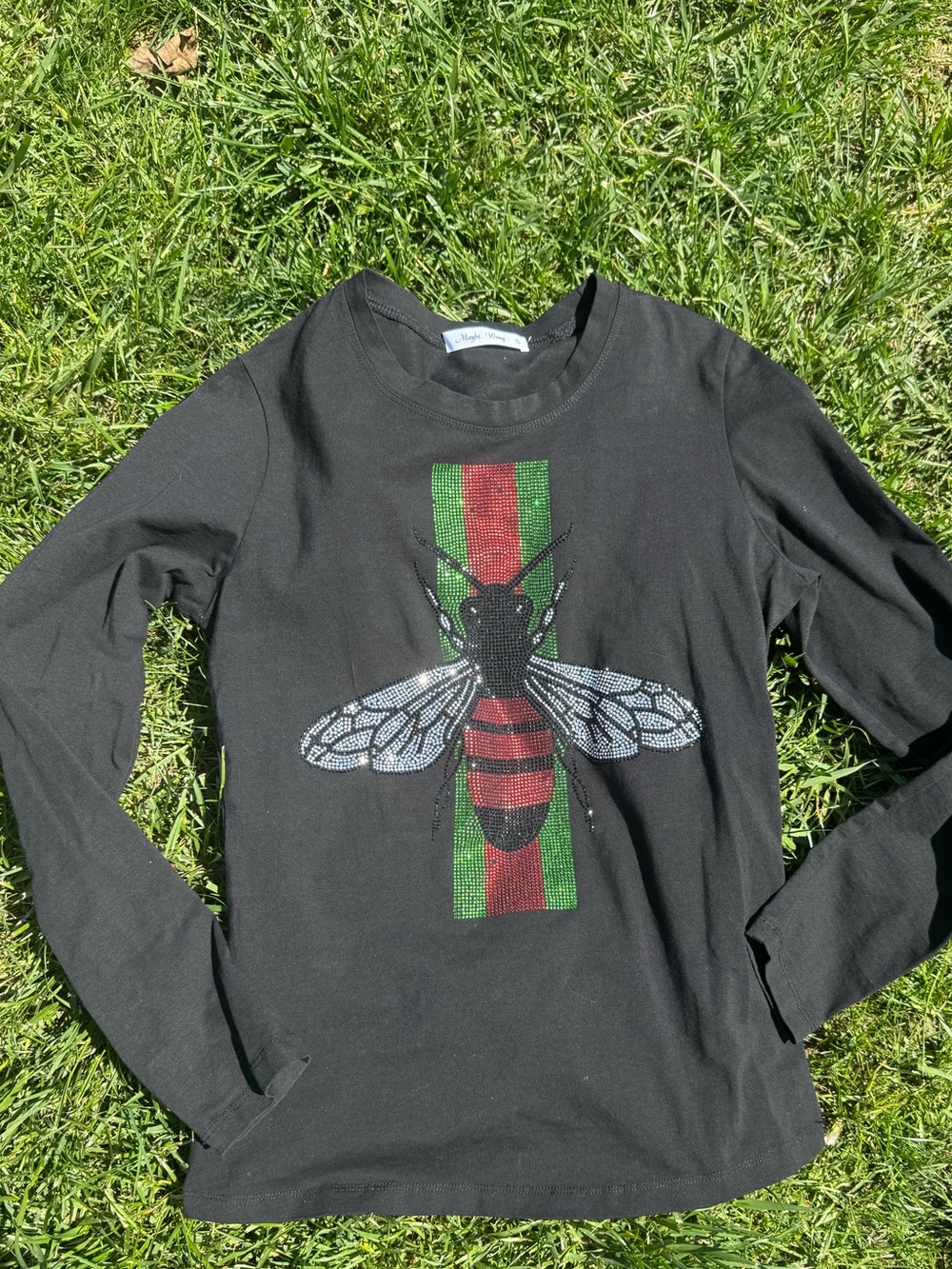 Maybe Wang black long sleeve T shirt rhinestone fly design